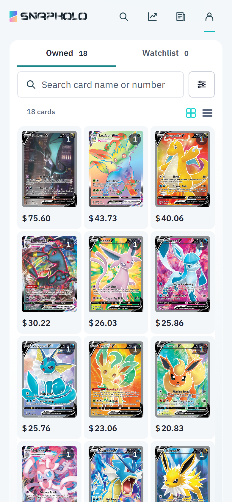 Prices of cards in your collection