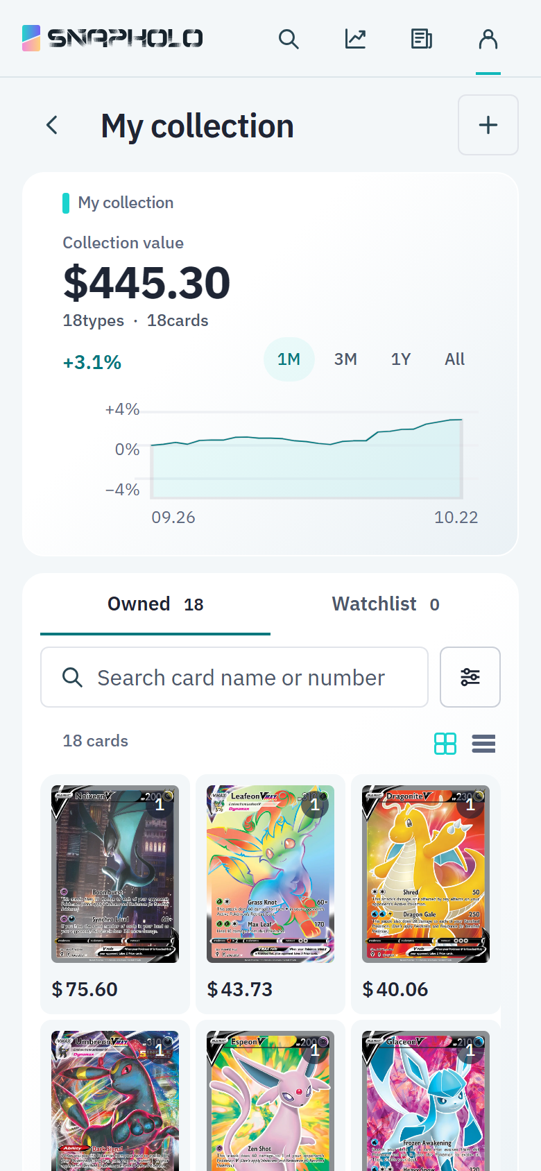 Sample collection showing card prices and total value