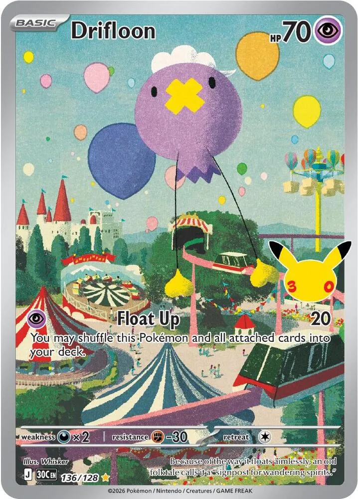 Pokémon TCG: 30th Celebration 영어판 Drifloon 136 카드 앞면