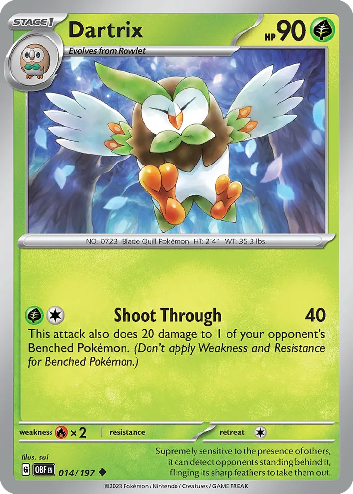 Scarlet & Violet—Obsidian Flames 영어판 Dartrix 14 카드 앞면