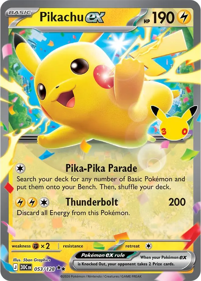 Pokémon TCG: 30th Celebration 英語版 Pikachu ex 53 カード表面