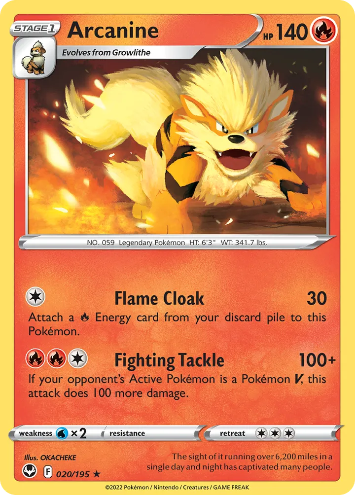 Sword & Shield—Silver Tempest 영어판 Arcanine 20 카드 앞면