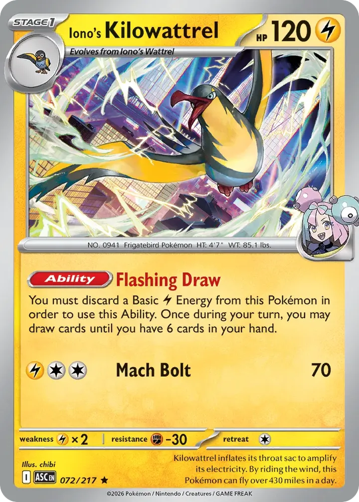Mega Evolution—Ascended Heroes 영어판 Iono's Kilowattrel 72 카드 앞면