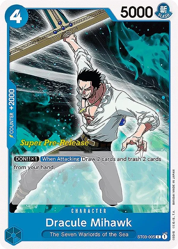 The Seven Warlords of the Sea 英語版 Dracule Mihawk ST03-005 · プレリリース カード表面