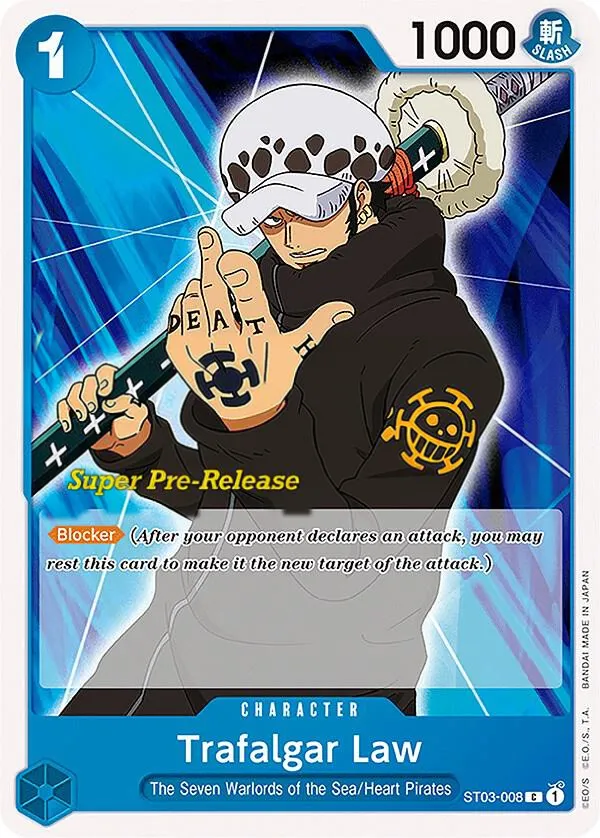 The Seven Warlords of the Sea 英語版 Trafalgar Law ST03-008 · プレリリース カード表面