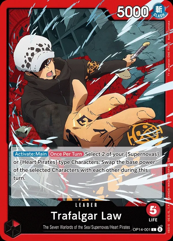 The Azure Sea's Seven 영어판 Trafalgar Law OP14-001 카드 앞면