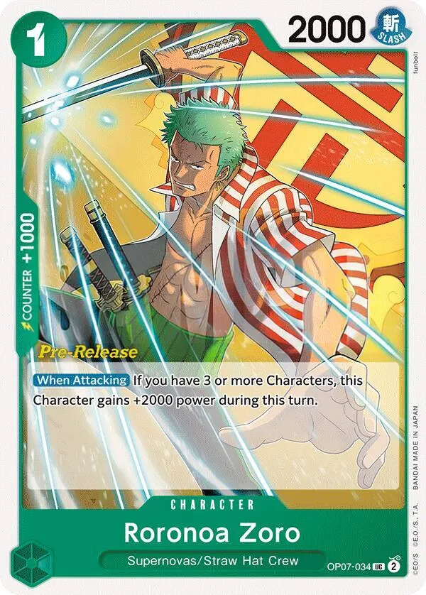 500 Years in the Future 英語版 Roronoa Zoro OP07-034 · プレリリース カード表面