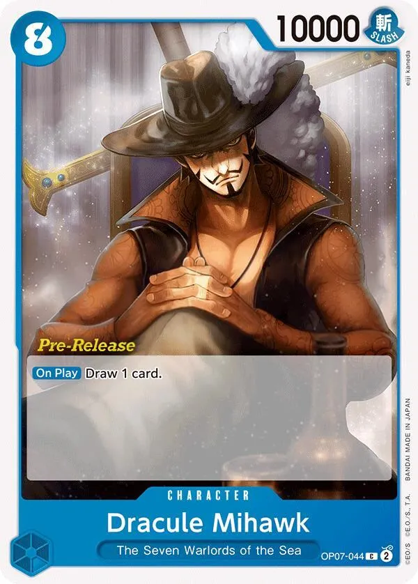 500 Years in the Future 영어판 Dracule Mihawk OP07-044 · 세트 출시 행사 카드 앞면