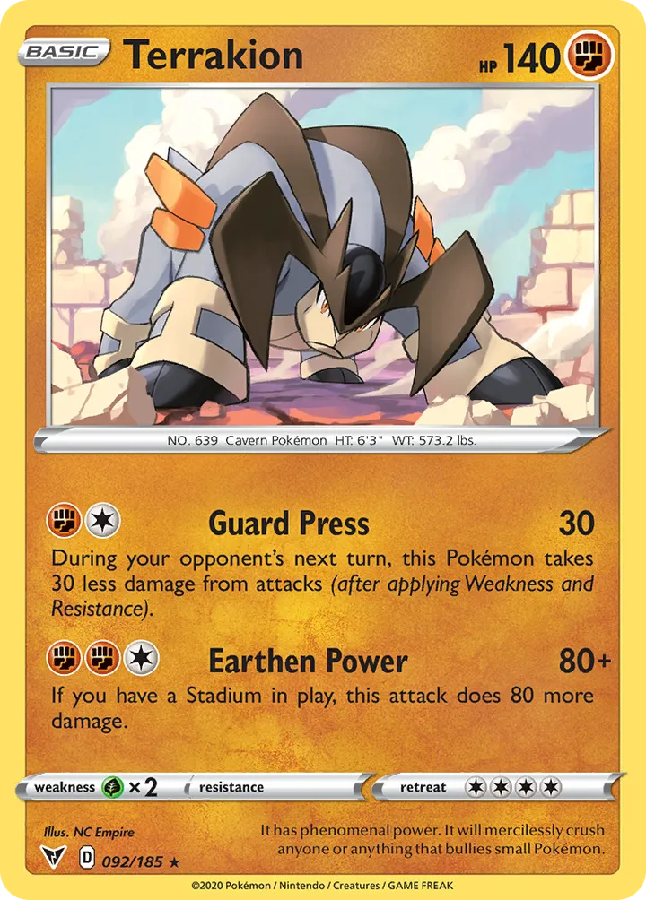 Front of Terrakion 92, Sword & Shield—Vivid Voltage English