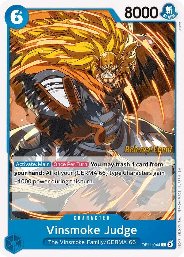 A Fist of Divine Speed 영어판 Vinsmoke Judge OP11-044 · 세트 출시 행사 카드 앞면