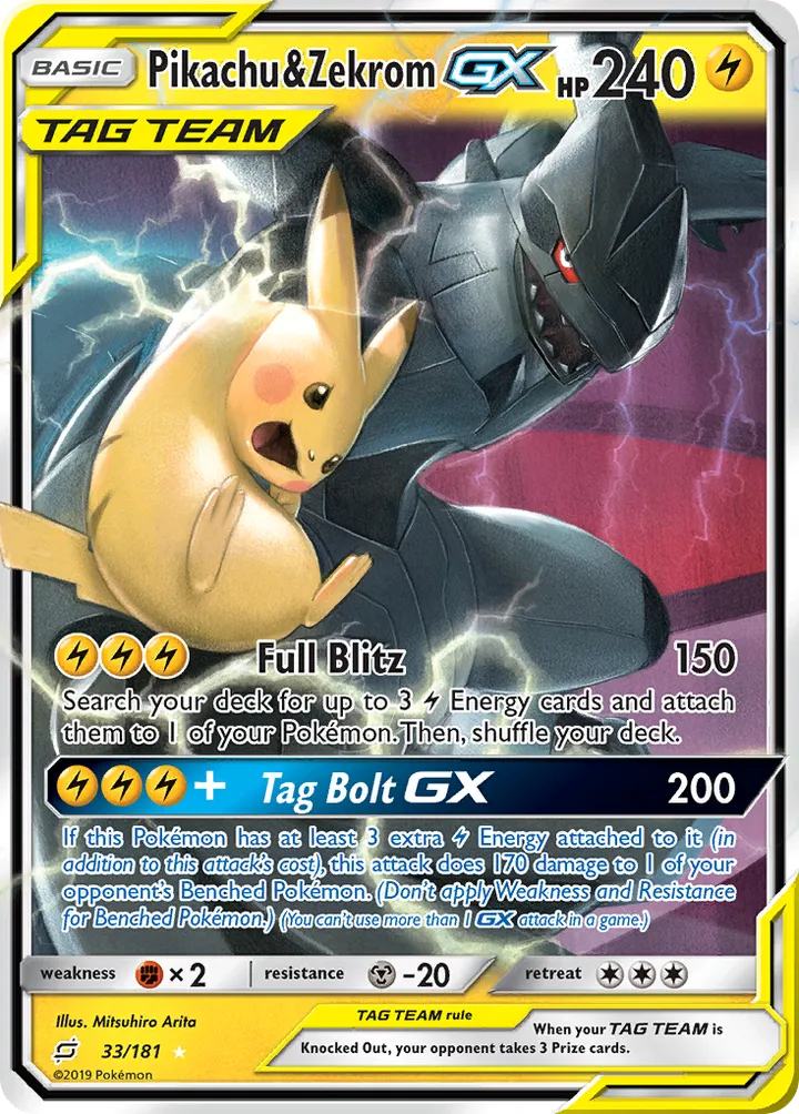 Sun & Moon—Team Up 영어판 Pikachu & Zekrom GX 33 카드 앞면