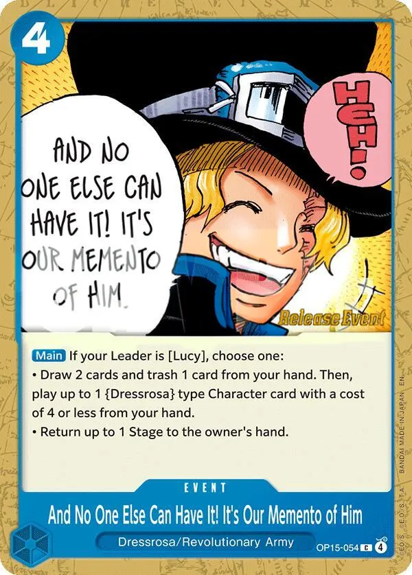 Adventure on Kami's Island 英語版 And No One Else Can Have It! It's Our Memento of Him OP15-054 · プレリリース カード表面