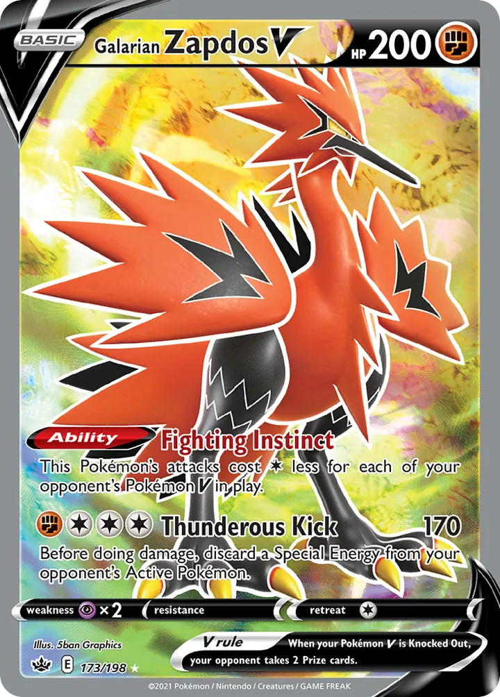 Front of Galarian Zapdos V 173, Sword & Shield—Chilling Reign English