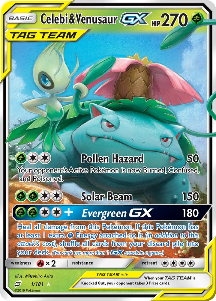Sun & Moon—Team Up 英語版 Celebi & Venusaur GX 1 カード表面