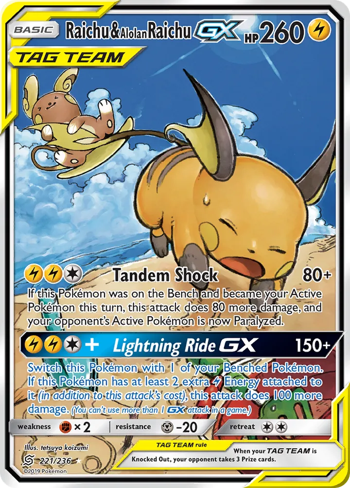 Sun & Moon—Unified Minds 영어판 Raichu & Alolan Raichu-GX 221 카드 앞면