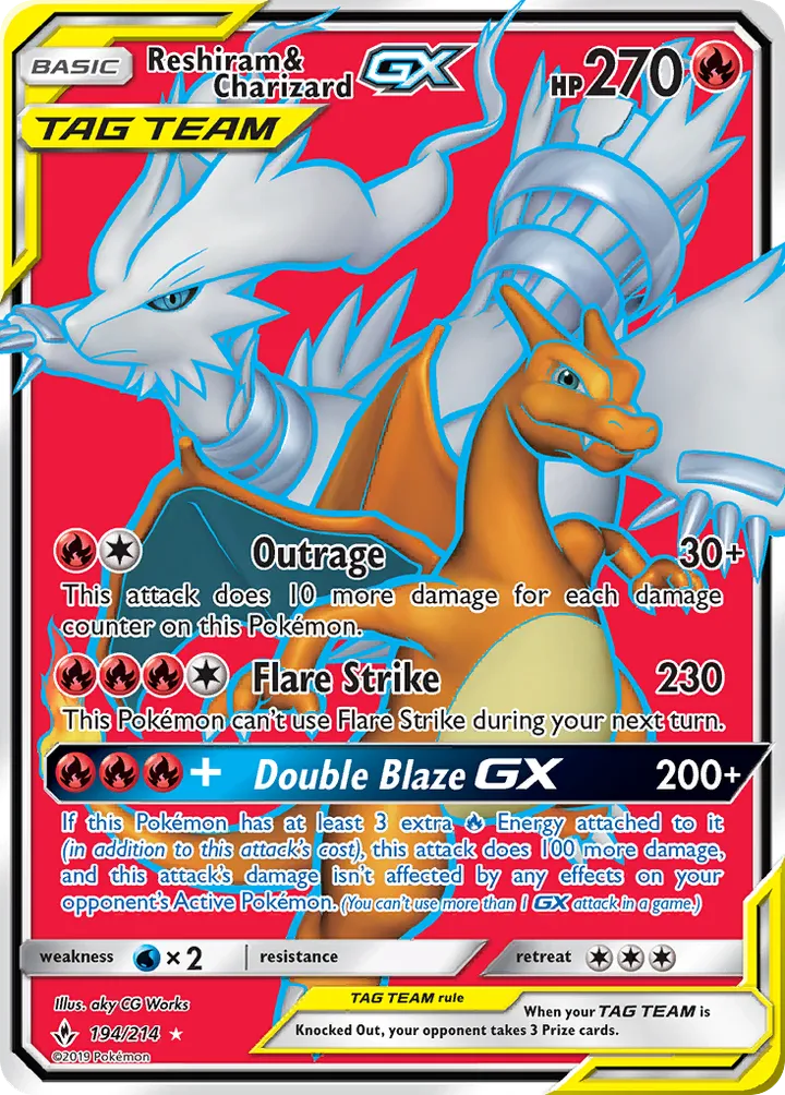 Sun & Moon—Unbroken Bonds 영어판 Reshiram & Charizard-GX 194 카드 앞면