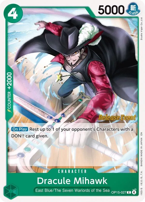 Adventure on Kami's Island 영어판 Dracule Mihawk OP15-027 · 세트 출시 행사 카드 앞면