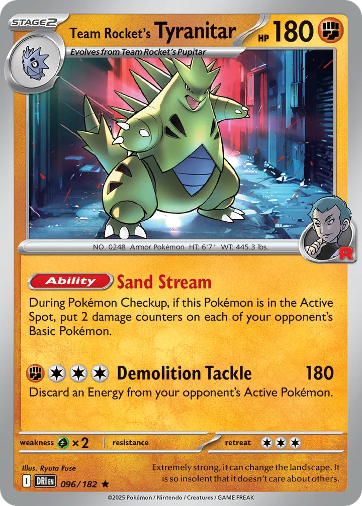 Scarlet & Violet—Destined Rivals 영어판 Team Rocket's Tyranitar 96 카드 앞면