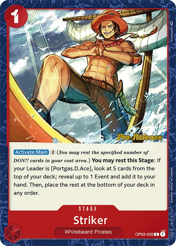 Front of Striker OP03-020 · Pre-Release, Pillars of Strength English