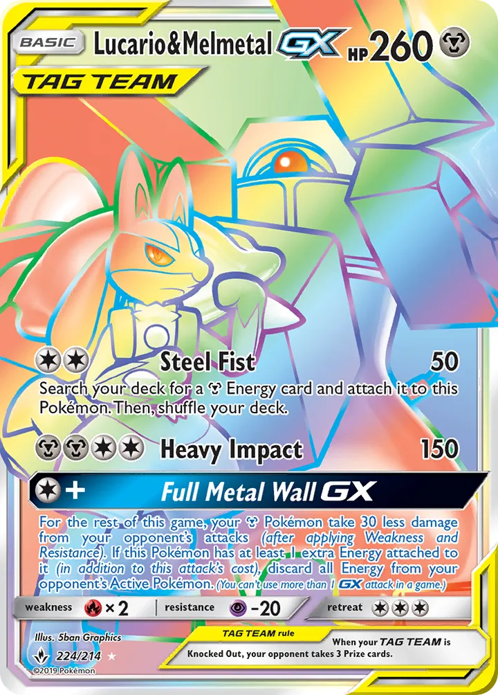 Sun & Moon—Unbroken Bonds 영어판 Lucario & Melmetal GX 224 카드 앞면