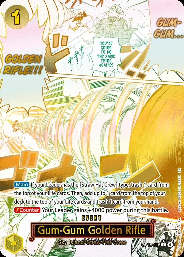 Adventure on Kami's Island 영어판 Gum-Gum Golden Rifle OP15-116 · 패럴렐 카드 앞면
