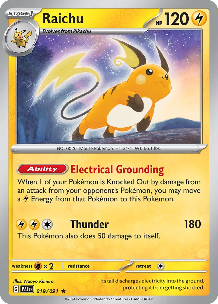 Scarlet & Violet—Paldean Fates 영어판 Raichu 19 카드 앞면