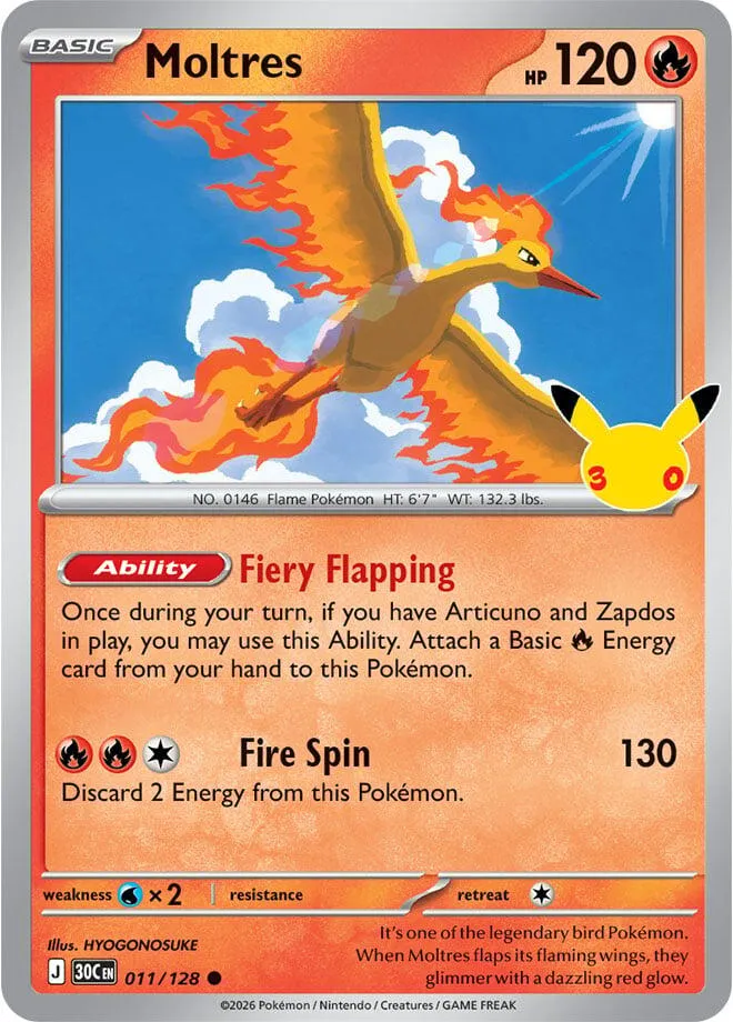 Pokémon TCG: 30th Celebration 英語版 Moltres 11 カード表面