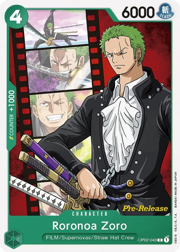 Paramount War 英語版 Roronoa Zoro OP02-043 · プレリリース カード表面