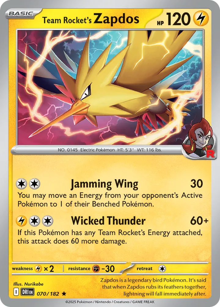 Scarlet & Violet—Destined Rivals 영어판 Team Rocket's Zapdos 70 카드 앞면