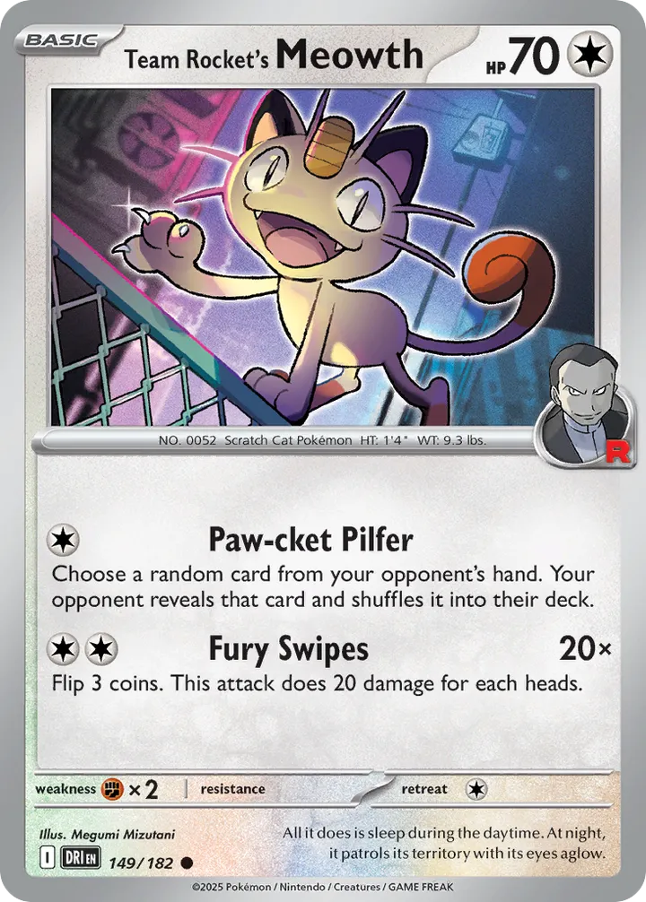 Front of Team Rocket's Meowth 149, Scarlet & Violet—Destined Rivals English