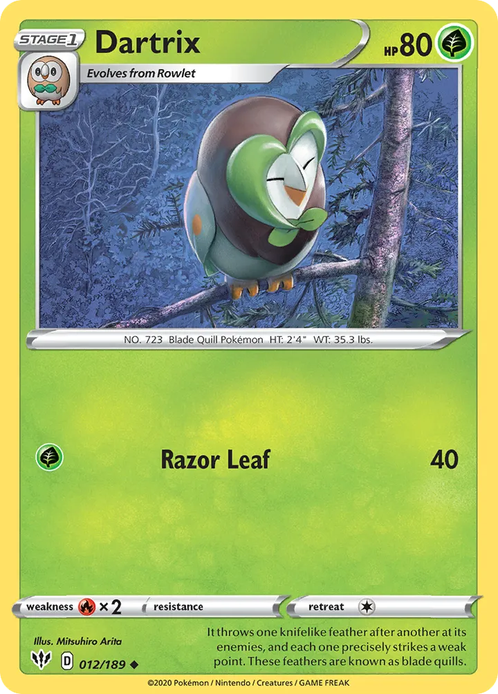 Sword & Shield—Darkness Ablaze 英語版 Dartrix 12 カード表面