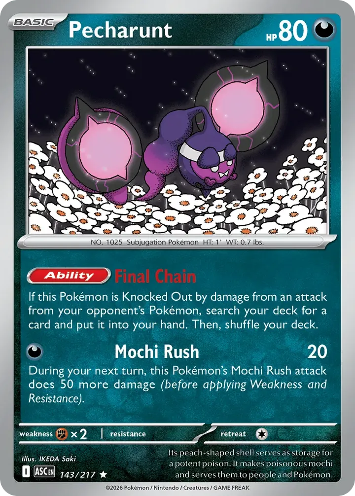 Mega Evolution—Ascended Heroes 영어판 Pecharunt 143 카드 앞면