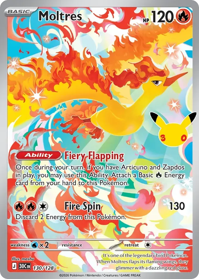 Pokémon TCG: 30th Celebration 英語版 Moltres 130 カード表面