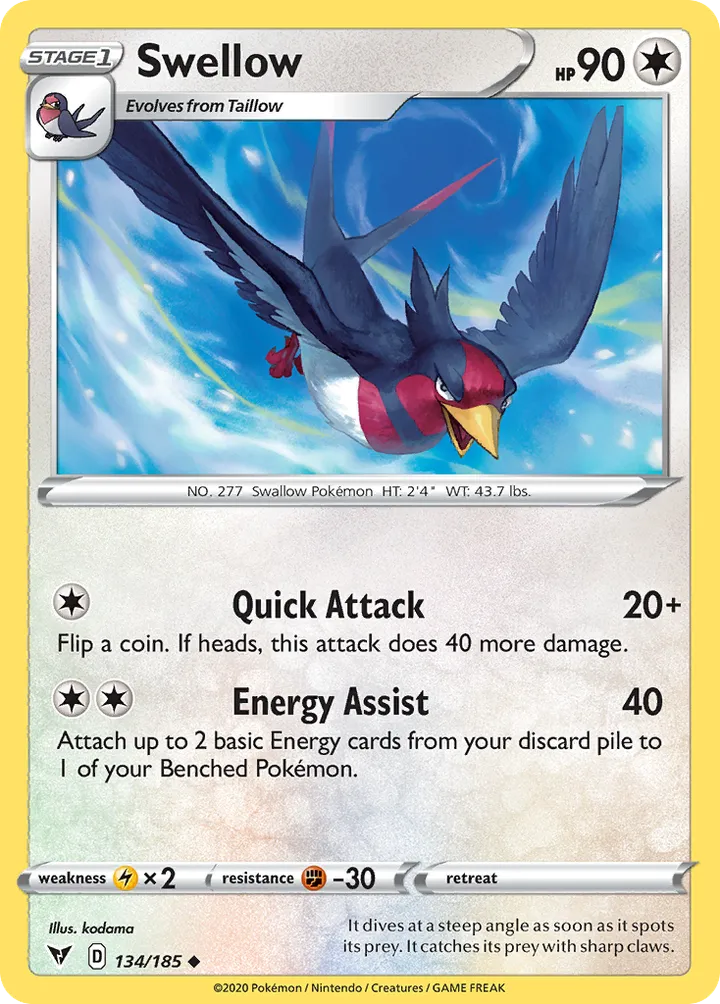 Sword & Shield—Vivid Voltage 영어판 Swellow 134 카드 앞면