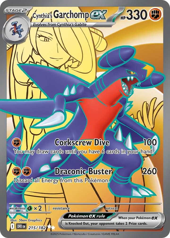 Front of Cynthia's Garchomp ex 215, Scarlet & Violet—Destined Rivals English