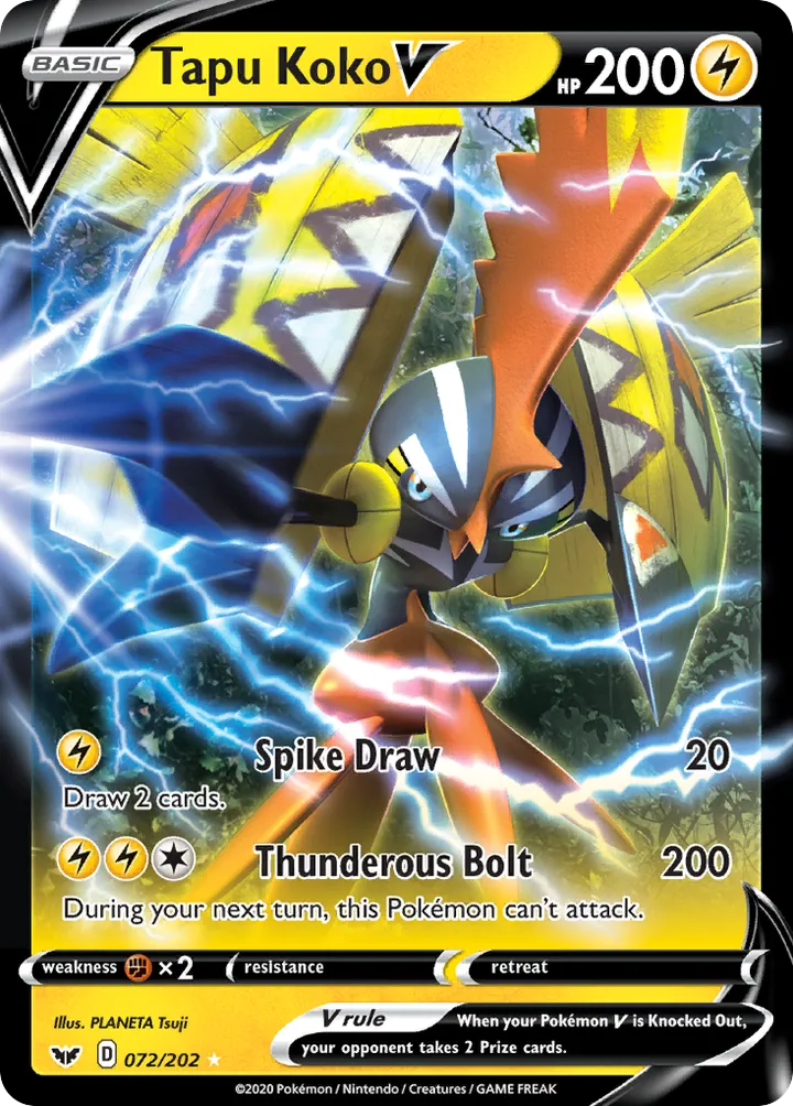 Sword & Shield 英語版 Tapu Koko V 72 カード表面