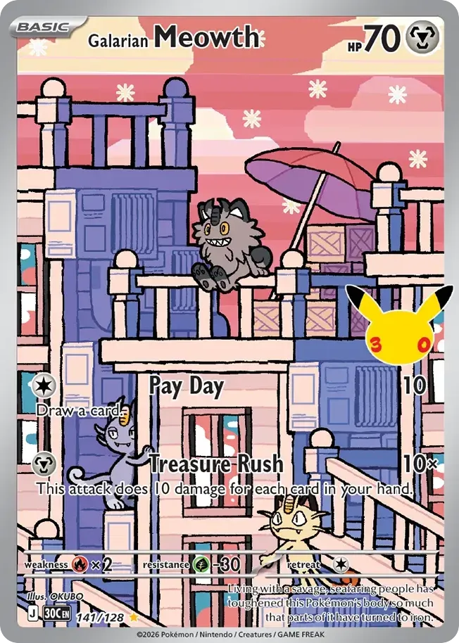 Pokémon TCG: 30th Celebration 영어판 Galarian Meowth 141 카드 앞면