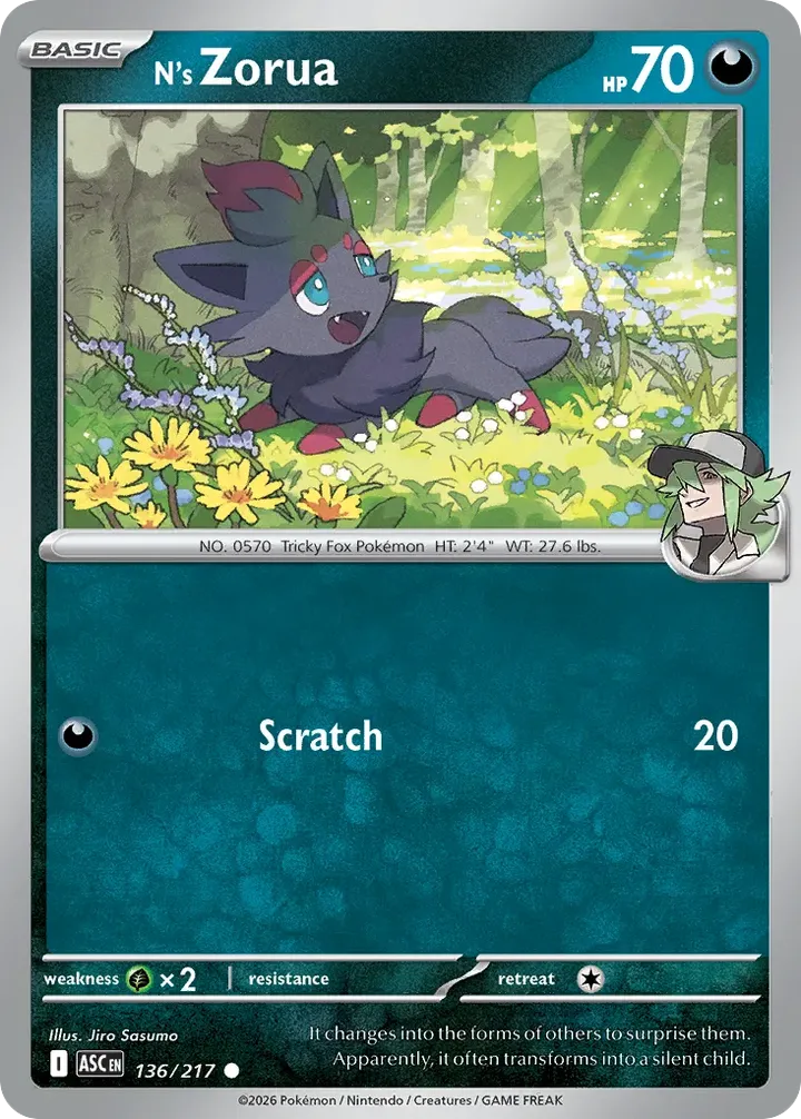 Mega Evolution—Ascended Heroes 영어판 N's Zorua 136 카드 앞면