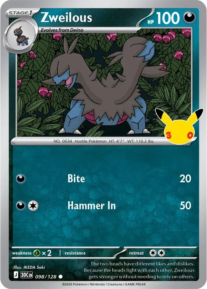Pokémon TCG: 30th Celebration 영어판 Zweilous 98 카드 앞면