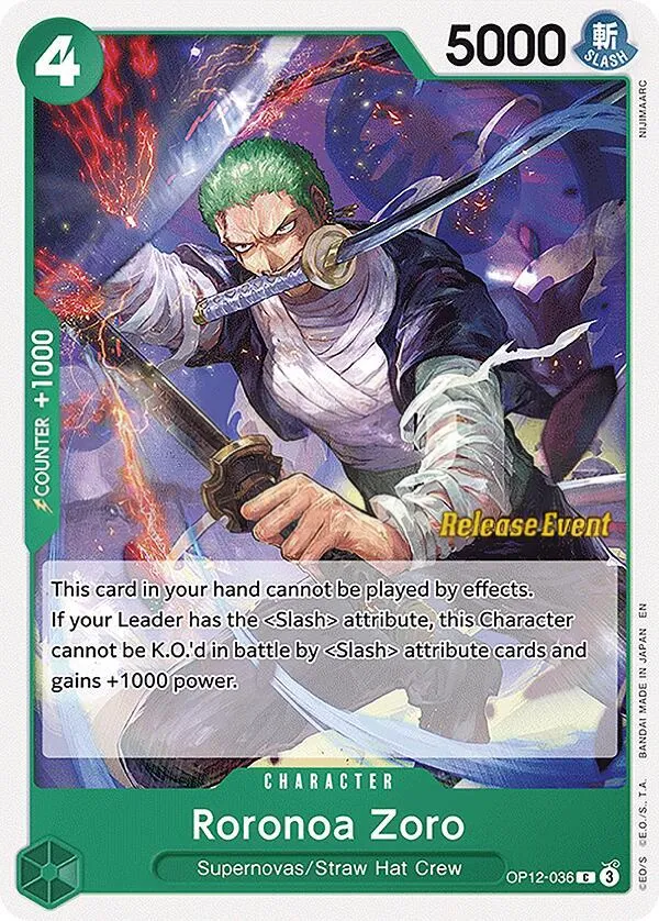 Legacy of the Master 英語版 Roronoa Zoro OP12-036 · プレリリース カード表面