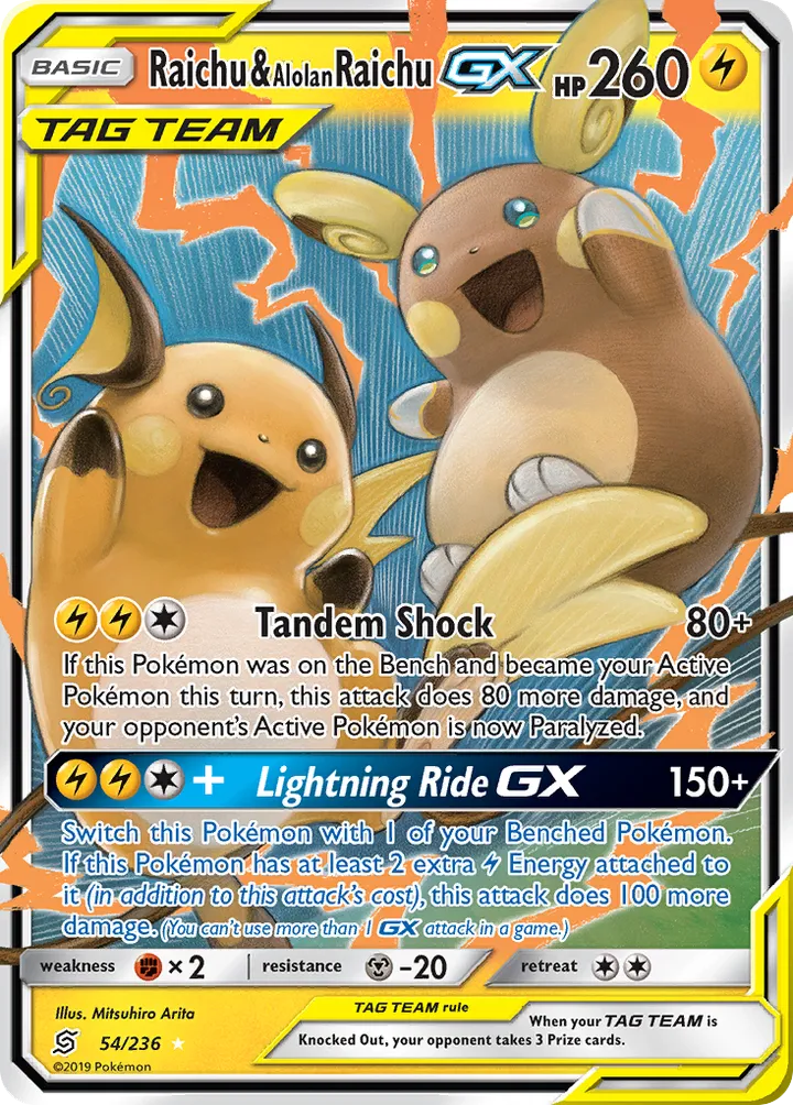 Sun & Moon—Unified Minds 영어판 Raichu & Alolan Raichu GX 54 카드 앞면