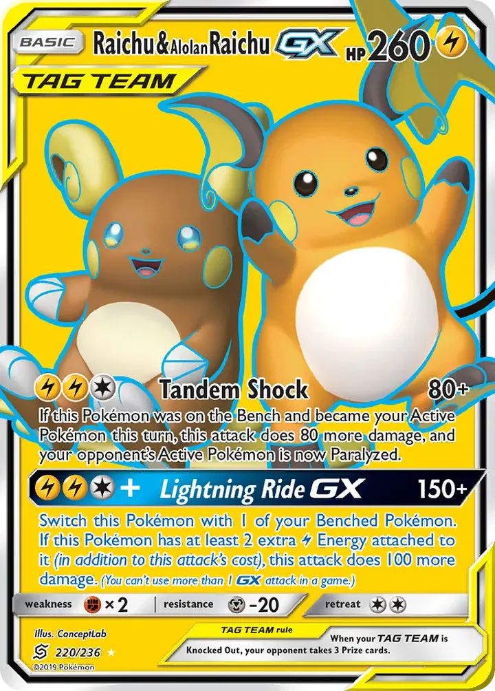 Sun & Moon—Unified Minds 영어판 Raichu & Alolan Raichu GX 220 카드 앞면