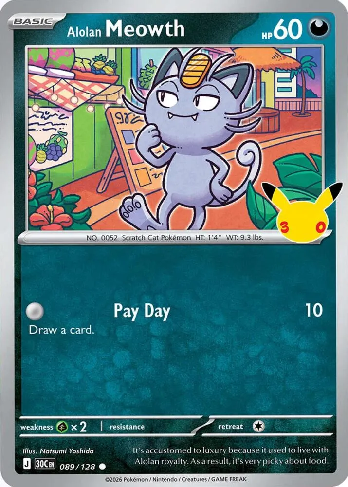 Front of Alolan Meowth 89, Pokémon TCG: 30th Celebration English