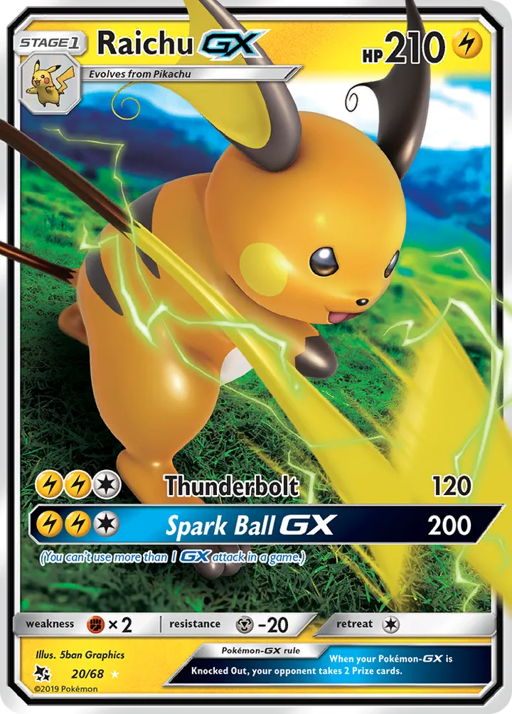 Hidden Fates 영어판 Raichu-GX 20 카드 앞면