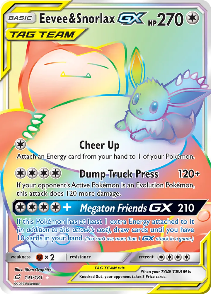 Front of Eevee & Snorlax-GX 191, Sun & Moon—Team Up English