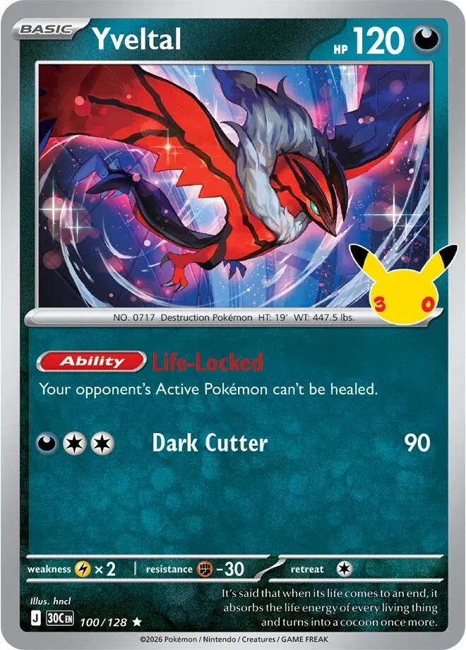 Pokémon TCG: 30th Celebration 영어판 Yveltal 100 카드 앞면