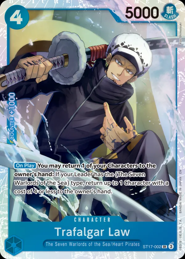 BLUE Donquixote Doflamingo 英語版 Trafalgar Law ST17-002 · 再録 カード表面