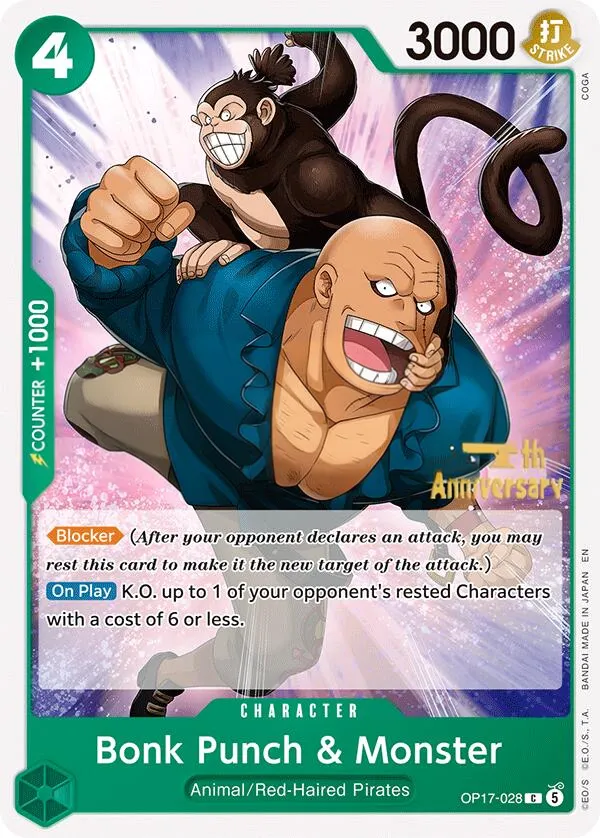 The World's Strongest Warriors 영어판 Bonk Punch & Monster OP17-028 · 기념 대회 카드 앞면