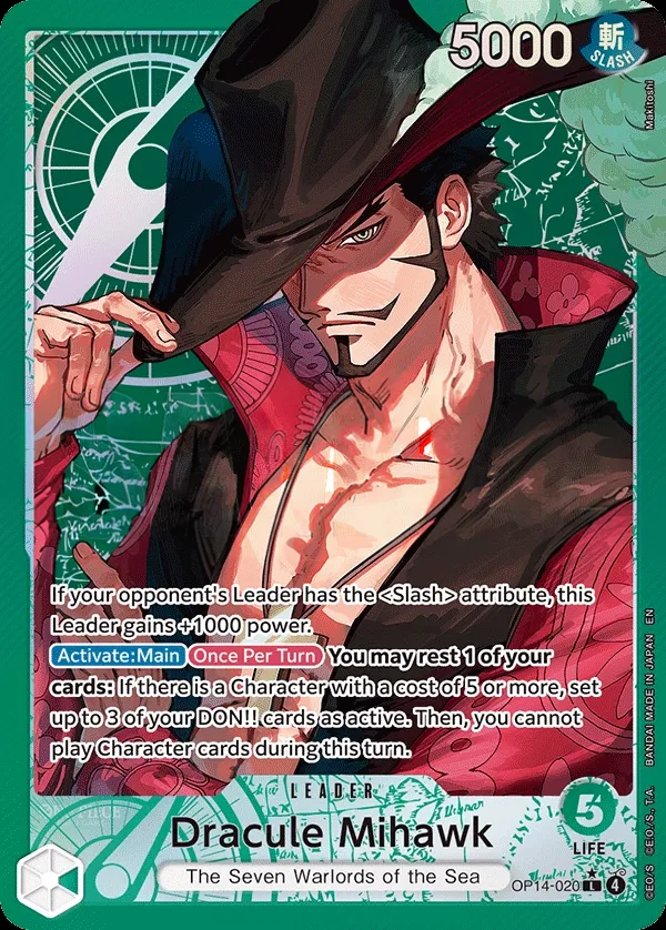 The Azure Sea's Seven 영어판 Dracule Mihawk OP14-020 · 패럴렐 카드 앞면
