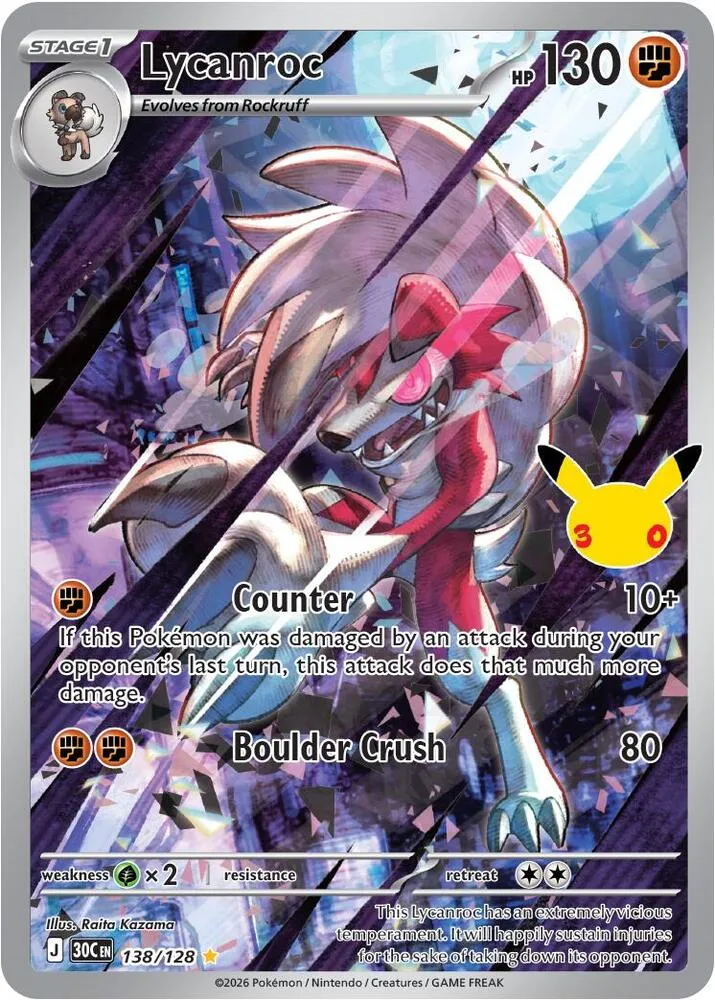 Pokémon TCG: 30th Celebration 英語版 Lycanroc 138 カード表面